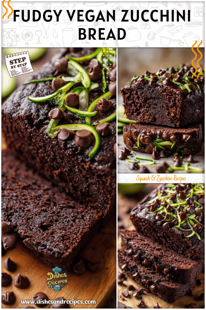 Fudgy vegan double chocolate zucchini bread topped with chocolate chips and fresh zucchini shavings.